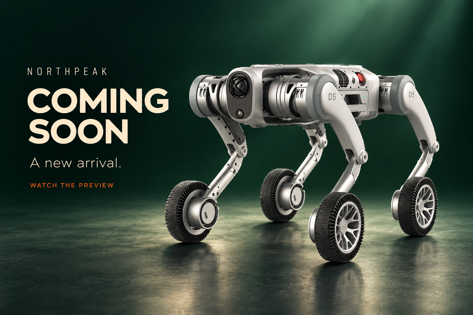 NorthPeak coming soon poster featuring the new silver wheeled robot